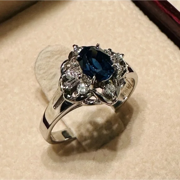 Platinum Natural Blue Sapphire & Diamond Jewelry Women Engagement Ring Size 4.9